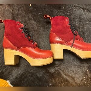 Swedish Hasbeens Red Leather Ankle Boots